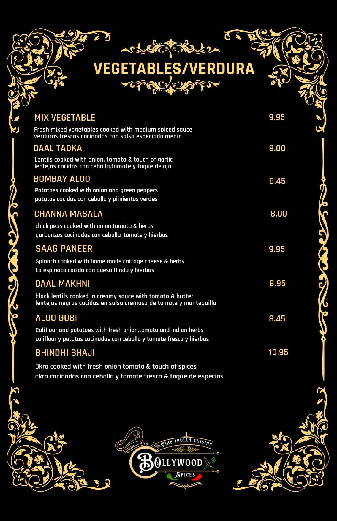 Bollywood Spices Menu